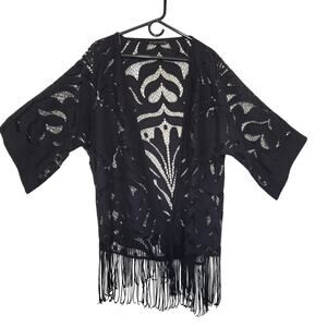 Zara Basic Black Lace Kimono Top Open Front Fringe Hem 3/4 Sleeve Top Size Small